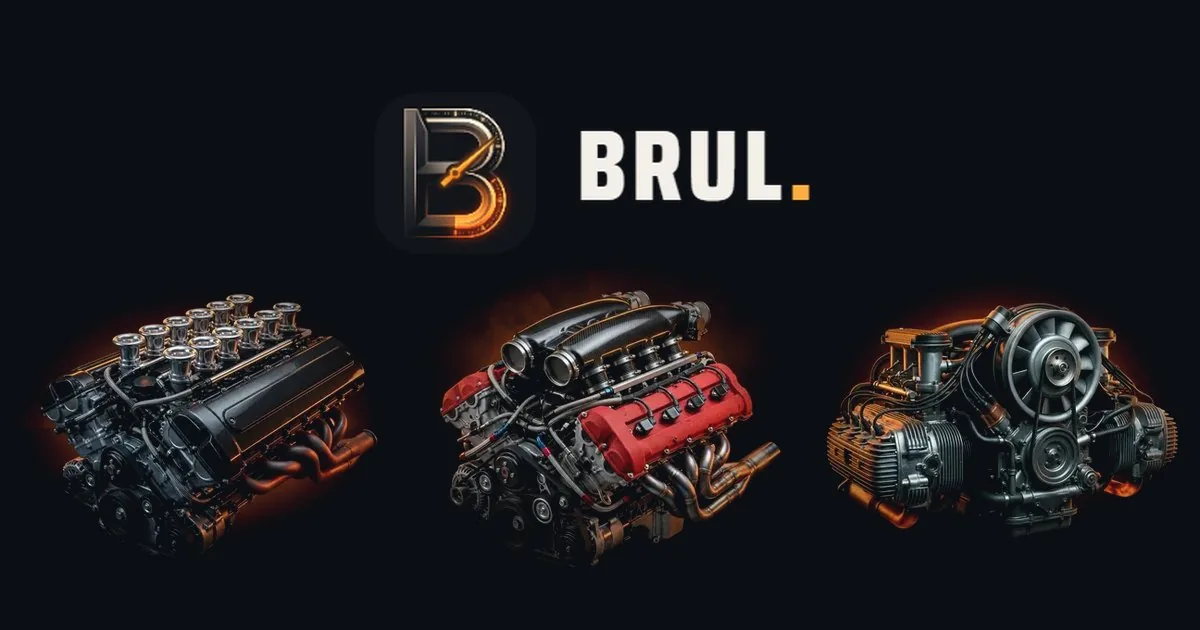 Brul-merkbeeld met het logo en drie motoren op een zwarte achtergrond