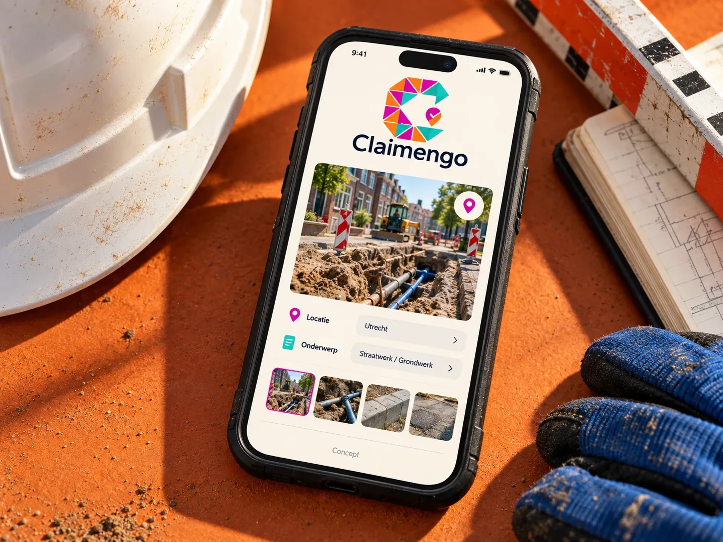 Claimengo-merkbeeld met het logo op een telefoon naast een bouwhelm