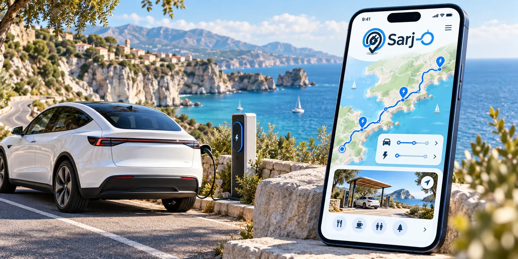 Sarj-o merkbeeld met een elektrische auto aan de kust en een telefoon met geïllustreerde laadroute